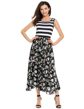 

Multi-color Sleeveless Striped Floral Maxi Long Pleated Dress, Multicolor