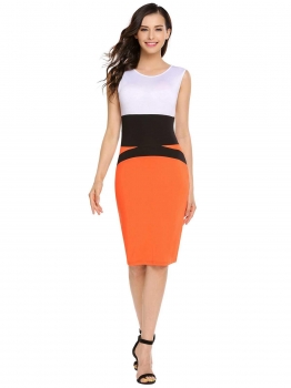 

Orange red O-Neck Sleeveless Patchwork Bodycon Slim Pencil Dress, Multicolor