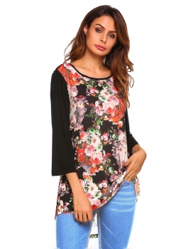 

Black 3"4 Sleeve Floral Patchwork Asymmetrical Hem Tops, Multicolor