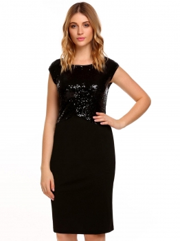 

Black Shiny Sequins O-Neck Sleeveless Patchwork Slim Bodycon Pencil Dress, Multicolor