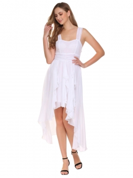 

White Women Fashion Spaghetti Strap Sleeveless Solid Asymmetrical Dress, Multicolor