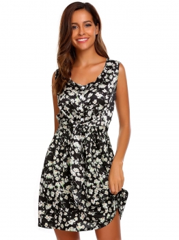 

Black Women Fashion O-Neck Sleeveless Loose Floral Button Dress, Multicolor