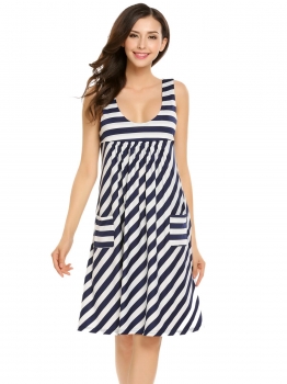 

Blue U-Neck Sleeveless Striped Dress with Pockets, Multicolor
