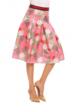 

Pink Knee Length High Waist Floral Pleated Back Zipper A-Line Casual Party Skirt, Multicolor