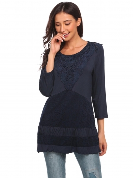 

Dark blue O-Neck 3"4 Sleeve Lace Applique Pullover Loose T-Shirt, Multicolor