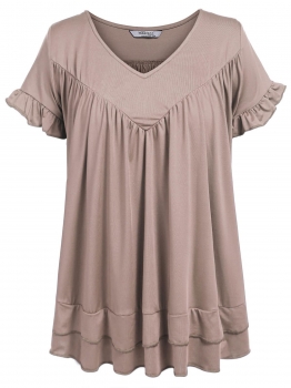 

Khaki Plus Size V-Neck Short Sleeve Solid Pleated Ruffle Tops, Multicolor