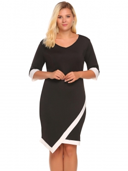 

Black Plus Size V-Neck Half Sleeve Solid Asymmetry Dress, Multicolor
