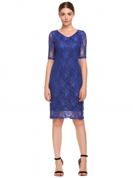 

Blue V-neck Lace Slim Fit Pencil Dress, Multicolor