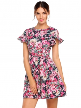 

Rose red Backless O-Neck Short Sleeve Floral Skater Dress, Multicolor