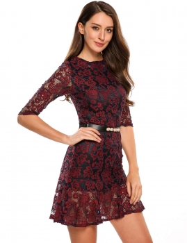 

Dark red Half Sleeve Bodycon Lace Mermaid Dress with Belt, Multicolor