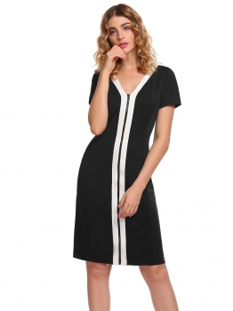 

Black Shealth Short Sleeve V-neck Front Zipper Patchwork Knee Length Work Dress, Multicolor