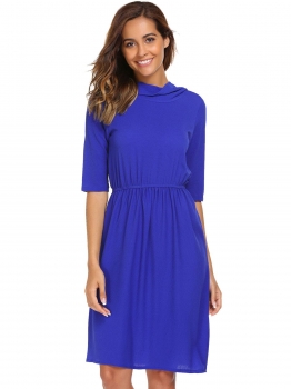 

Blue Hooded Half Sleeve Solid Casual Chiffon Dress, Multicolor