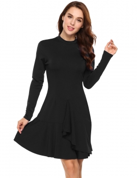 

Black Mock Neck Long Sleeve Ruffled Hem A-Line Dress, Multicolor