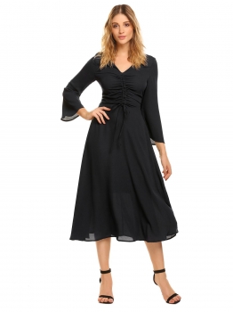 

Black V-Neck Long Flare Sleeve Drawstring Dress, Multicolor