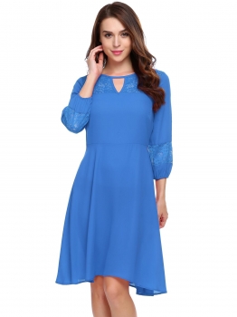 

Blue 3"4 Puff Sleeve Lace Patchwork Dress, Multicolor