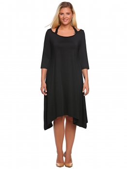 

Black Plus Size 3"4 Sleeve Cut out Asymmetrical Dress, Multicolor