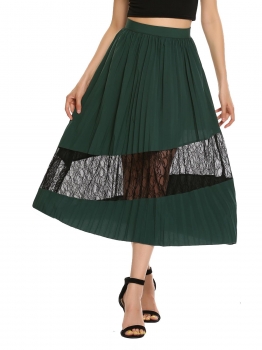 

Dark green High Waist Lace Patchwork Pleated Skirt, Multicolor