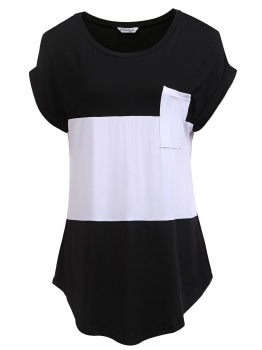 

Black Color Block Irregular Hem O-Neck Short Sleeve Pocket T-Shirts, Multicolor