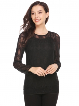 

Black O-Neck Long Sleeve Casual Lace Blouse Tops with Lining, Multicolor
