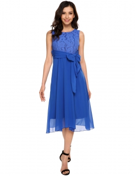 

Blue O-Neck Sleeveless Lace Patchwork Chiffon Dress, Multicolor