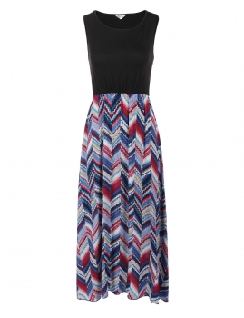 

Black O-Neck Sleeveless Patchwork Pleated Dress, Multicolor