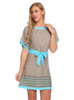 

Blue Women Fashion O-Neck Short Sleeve Printed Cold Shoulder Dress with Belt, Multicolor