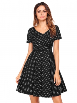 

Black V-Neck High Waist Dot A-Line Dress, Multicolor