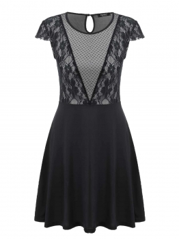 

Black O-Neck Short Cap Sleeve High Waist Lace Patchwork Dress, Multicolor