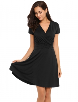 

Black Front Cross V-Neck Short Sleeve High Waist Solid Dress, Multicolor