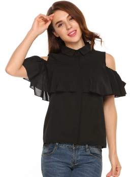 

Black Ruffles Sleeve Button Down Cold Shoulder Solid Slim Tops, Multicolor