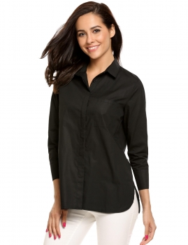 

Black Long Sleeve Button Down Collar Loose OL Shirts, Multicolor
