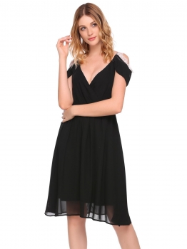 

Black Deep V Neck Cold Shoulder Slim Waist Pleated Chiffon Dress, Multicolor