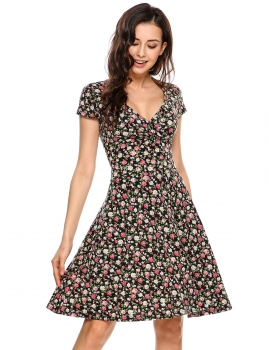 

Black Plunge Neck Cap Sleeve Floral A-Line Dress, Multicolor