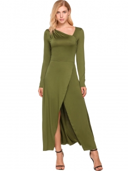 

Army green Asymmetric Collar Solid Front Split Maxi Dress, Multicolor