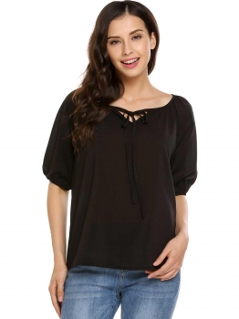 

Black 3"4 Sleeve Bow Tie-Neck Solid Loose Chiffon Blouses, Multicolor