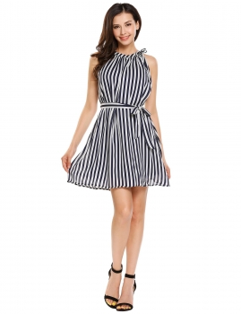 

White blue O-NeckSleeveless Striped Chiffon Dress with Belt, Multicolor