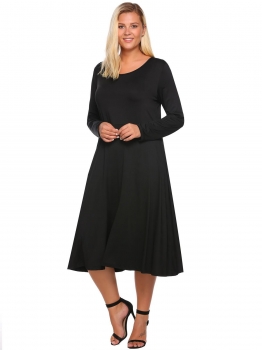 

Black Plus Size O-Neck Long Sleeve Casual Shift Dress, Multicolor
