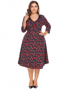 

Red Women Plus Size Vintage Style 3"4 Sleeve Floral Swing Party Going Out Dress, Multicolor