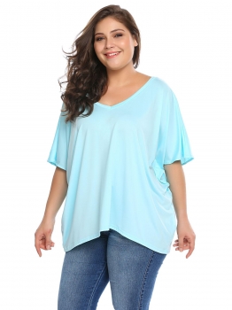 

Baby Blue Solid Plus Sizes V-Neck Batwing Short Sleeve Loose Tops, Multicolor