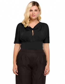 

Black Plus Sizes Keyhole Front Knot Short Sleeve Ruched Top, Multicolor