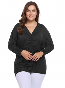 

Black Women Plus Size Batwing Long Sleeve Ruched Draped T-Shirt, Multicolor