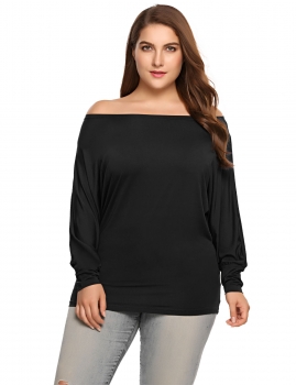 

Black Plus Sizes O-Neck Batwing Long Sleeve Solid Tops, Multicolor