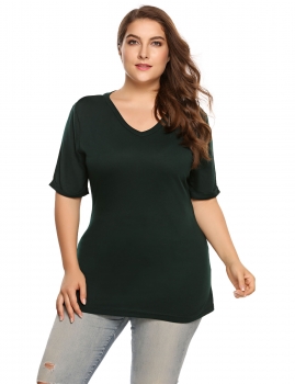 

Army green Plus Sizes V-Neck Short Sleeve Solid T-Shirts, Multicolor