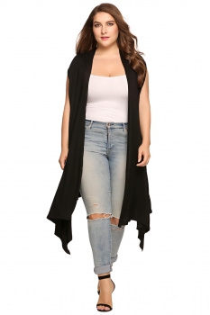 

Black Plus Size Sleeveless Solid Draped Open Front Asymmetrical Long Cardigan, Multicolor