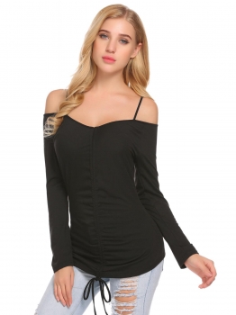 

Women Spaghetti Strap Cold Shoulder Long Sleeve Drawstring Slim Fit T-Shirt Tops, Multicolor