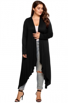 

Black Plus Size Long Sleeve Open Front Solid Draped Asymmetrical Long Cardigan, Multicolor