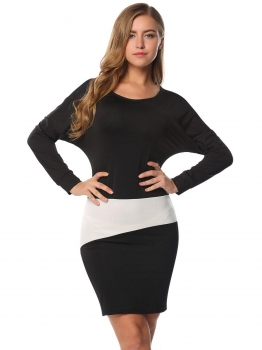 

Black O-Neck Long Batwing Sleeve Patchwork Dress, Multicolor