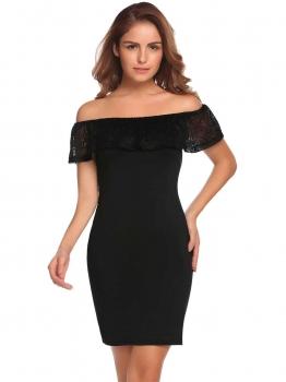 

Black Off the Shoulder Lace Ruffles Patchwork Bodycon Dress, Multicolor