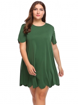 

Army green Plus Size O-Neck Short Sleeve Scalloped A-Line Mini Dress, Multicolor