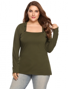 

Army green Plus Size Casual Square Neck Long Sleeve Button T-Shirt, Multicolor